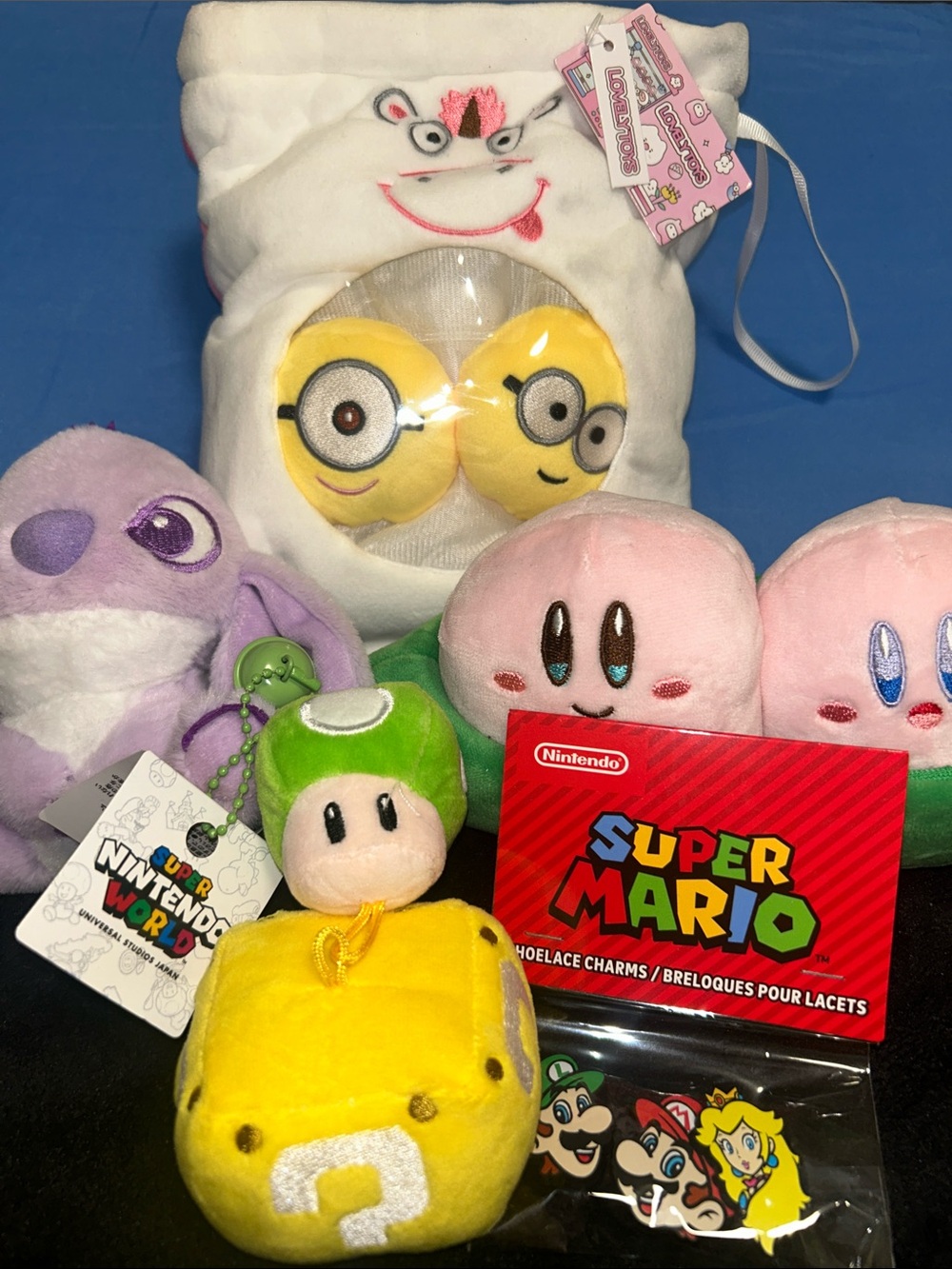 Nintendo, Kirby, Stitch & Minions Plush Bundle + Super Mario Shoe Lace Charms